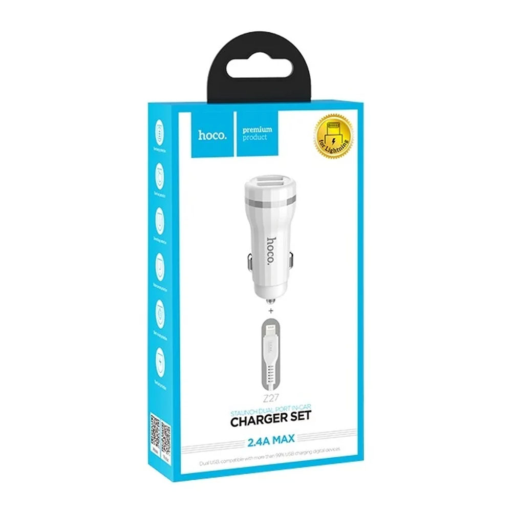 Hoco Z27 Staunch dual port in-car charger, White